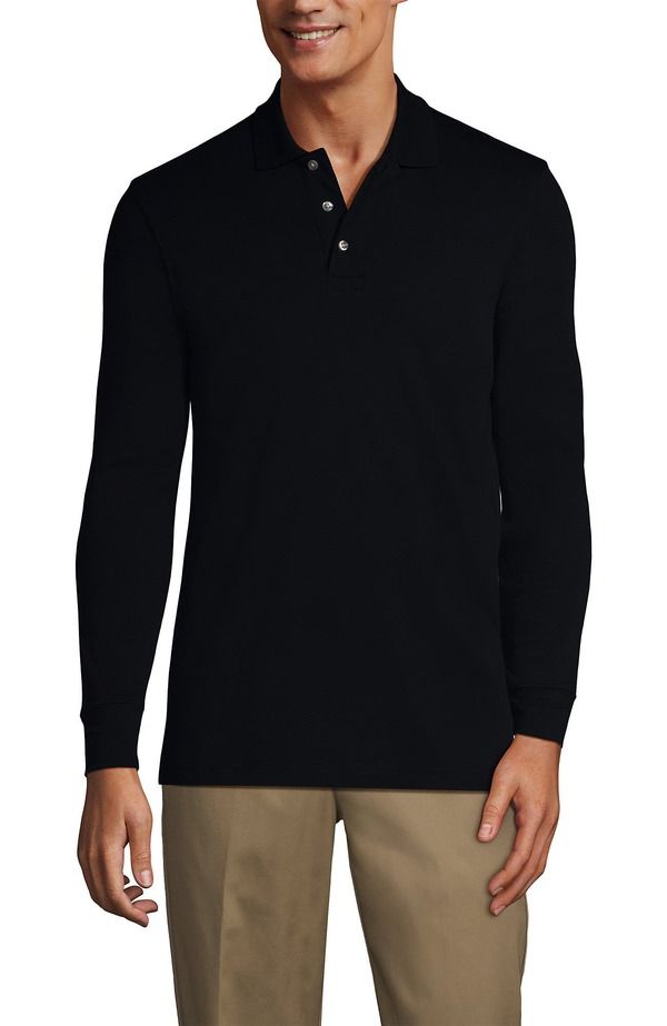 ランズエンド メンズ トップス ポロシャツ Lands End School Uniform Long Sleeve Interlock Polo Shirt Black ブラック
