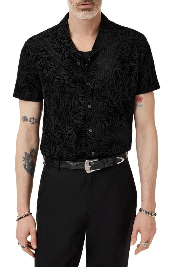 ジョンバルベイトス メンズ トップス シャツ リネン John Varvatos Matera Frond Jacquard Short Sleeve Organic Linen ButtonUp Shirt Black ブラック