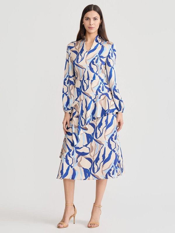 ミソック レディース トップス ワンピース クレープリント フリル マキシ Misook Fit Flare Printed Crepe de Chine Ruffle Maxi Dress BiscottiAegean Blue ブルー