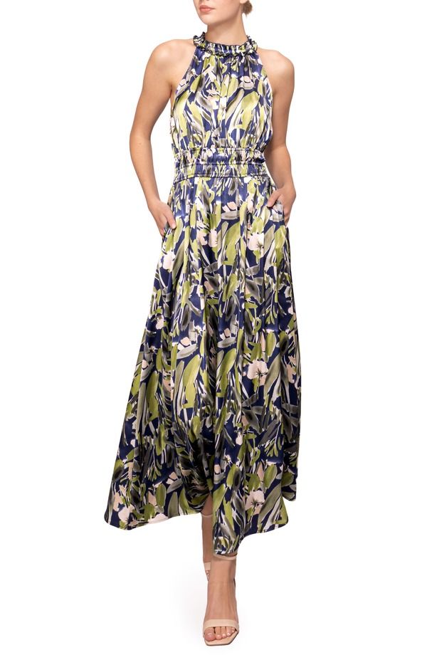 メロデイ レディース トップス ワンピース プリント フリル ノースリーブ マキシ MELLODAY Print Ruffle Sleeveless Maxi Dress Blue Green Leaf ブルー