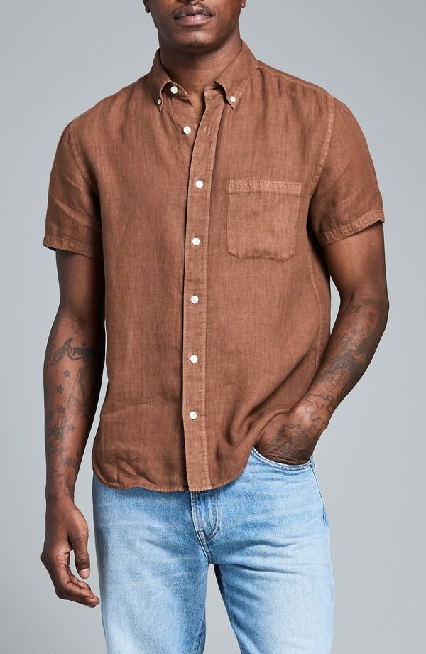 ビリーレイド メンズ トップス シャツ ダウン リネン Billy Reid Tuscumbia Short Sleeve Linen ButtonDown Shirt Oak Brown ブラウン