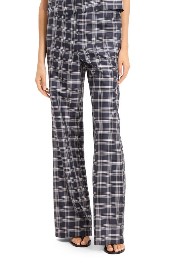 セオリー レディース ボトムス レギンストレート ハイウエスト パンツ シルク Theory Fluid Plaid High Waistraight Leg Silk Pants Navy Multi ネイビー