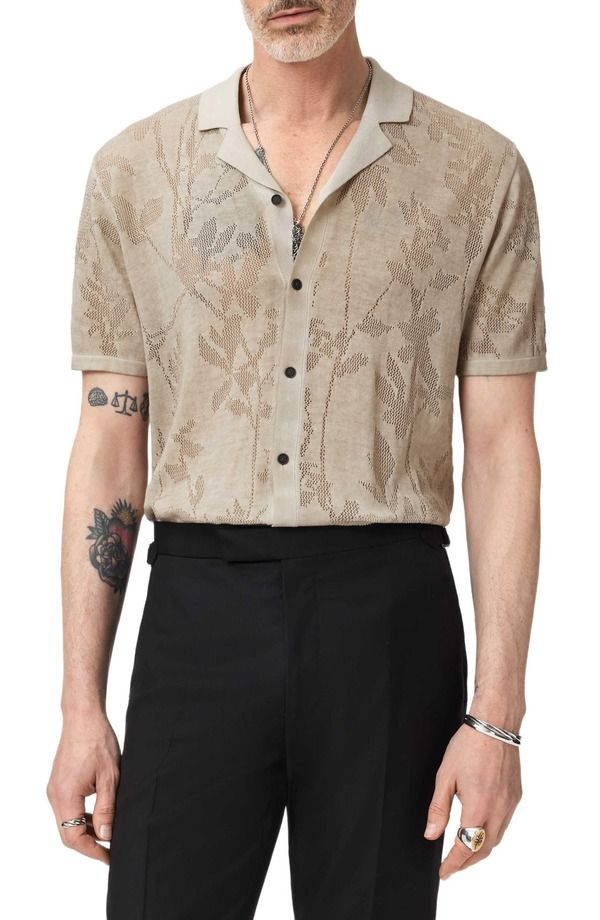 ジョンバルベイトス メンズ トップス シャツ ニット John Varvatos Miguel Pointelle Knit Camp Shirt Almond