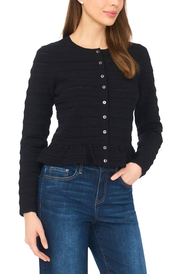 セセ レディース アウター パーカー・スウェット フリル カーディガン CeCe Ruffle Pointelle Cardigan Rich Black ブラック