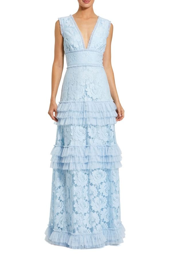 マックダガル レディース トップス ワンピース Vネック ティアード フリル レース Mac Duggal VNeck Lace Tiered Ruffle Gown Powder Blue ブルー
