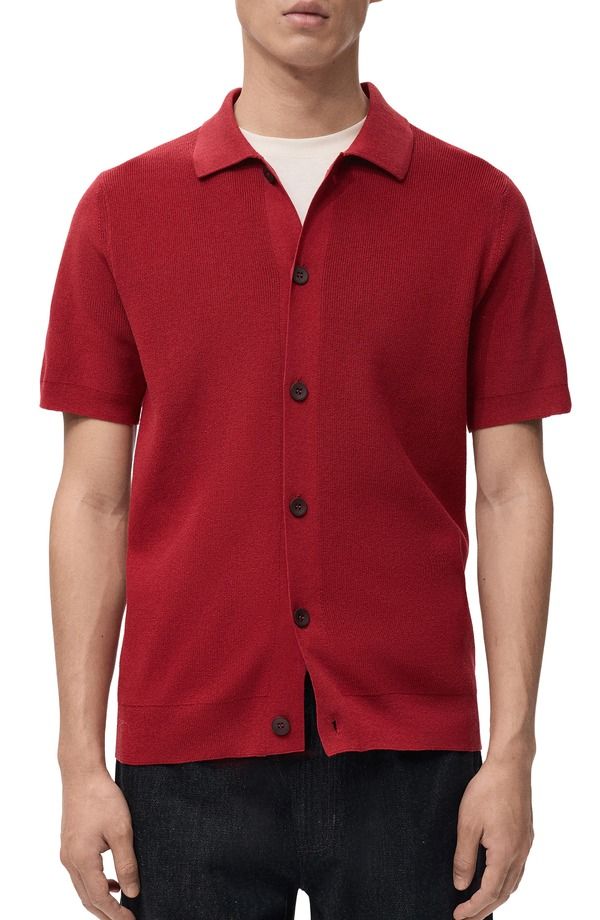 マンゴ メンズ トップス シャツ ニット MANGO Short Sleeve Knit ButtonUp Shirt Red レッド
