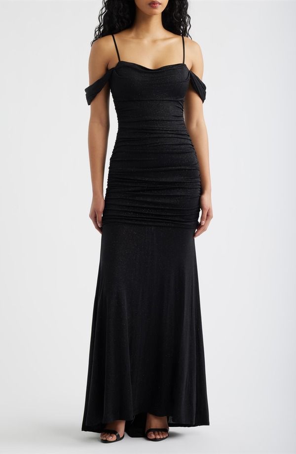 エメラルドサンデー レディース トップス ワンピース Emerald Sundae Glitter Cold Shoulder Gown Black Ivory アイボリー