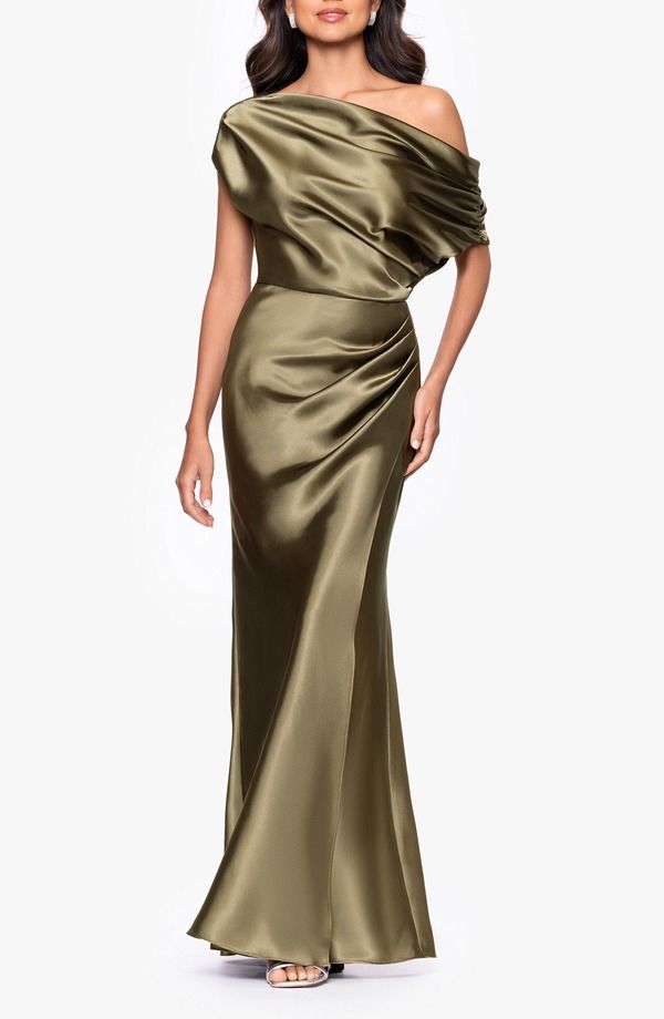 ベッツィアンドアダム レディース トップス ワンピース ワンショルダー サテン Betsy Adam OneShoulder Satin Sheath Gown Olive オリーブ
