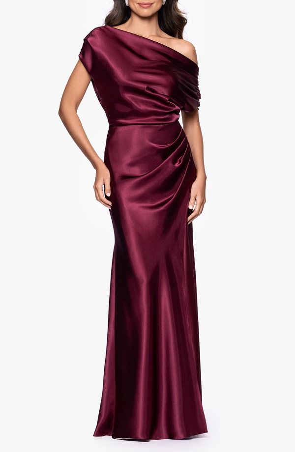 ベッツィアンドアダム レディース トップス ワンピース ワンショルダー サテン Betsy Adam OneShoulder Satin Sheath Gown Burgundy バーガンディ