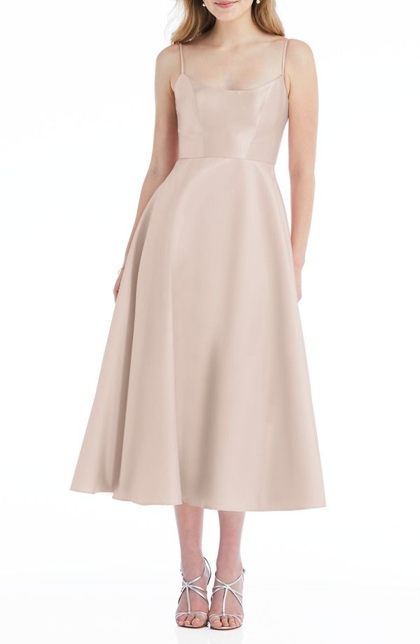 アルフレッド レディース トップス ワンピース ミディ サテン Alfred Sung Spaghetti Strap Satin Midi Cocktail Dress Cameo