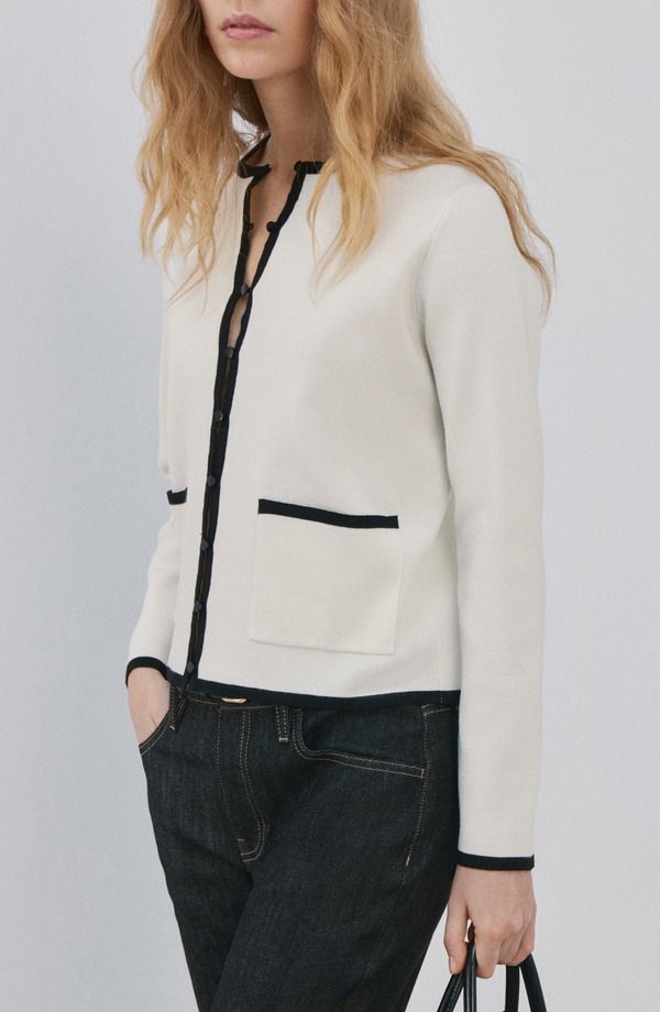 マンゴ レディース アウター パーカー・スウェット コントラスト カーディガン MANGO Contrast Rib Cardigan Ecru エクリュ