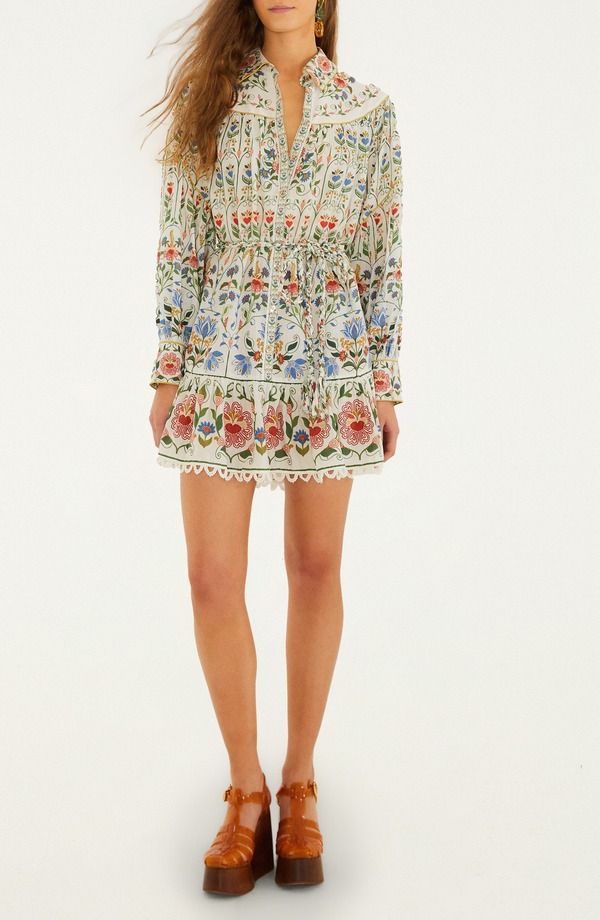 ファーム レディース トップス ワンピース ミニ シャツ コットン FARM Rio Stitched Garden Long Sleeve Cotton Blend Mini Shirtdress OffWhite オフホワイト