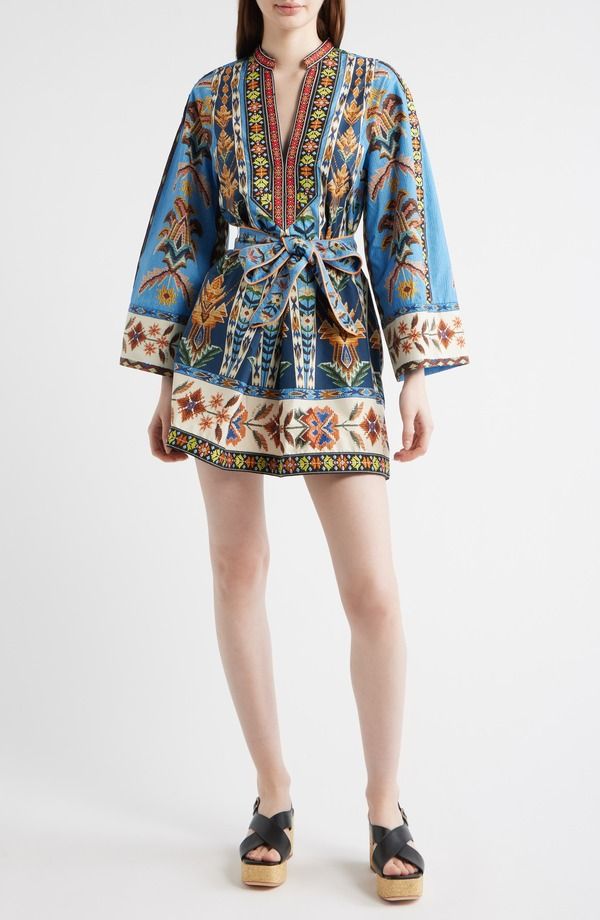 ファーム レディース トップス ワンピース ミニ 刺繍 FARM Rio Embroidered Tapestry Long Sleeve Minidress Blue ブルー