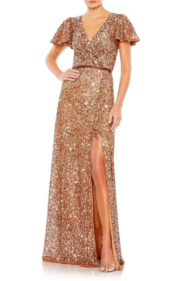 マックダガル レディース トップス ワンピース ドレープ スパンコール Mac Duggal Sequined Wrap Over Butterfly Sleeve Draped Gown Copper