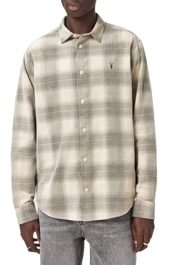 オールセインツ メンズ トップス シャツ コットン AllSaints Yuki Plaid Cotton Flannel ButtonUp Shirt Sandshell Taupe トープ