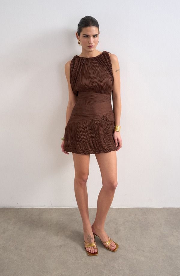 トップショップ レディース トップス ワンピース ドレープリーツ ミニ Topshop Drape Shoulders Pleated Minidress Brown ブラウン