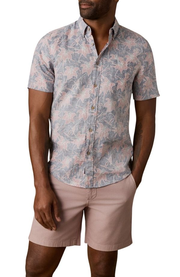 ファレティ メンズ トップス シャツ ダウン Faherty Breeze Short Sleeve ButtonDown Shirt Navy Red Lotus ネイビー