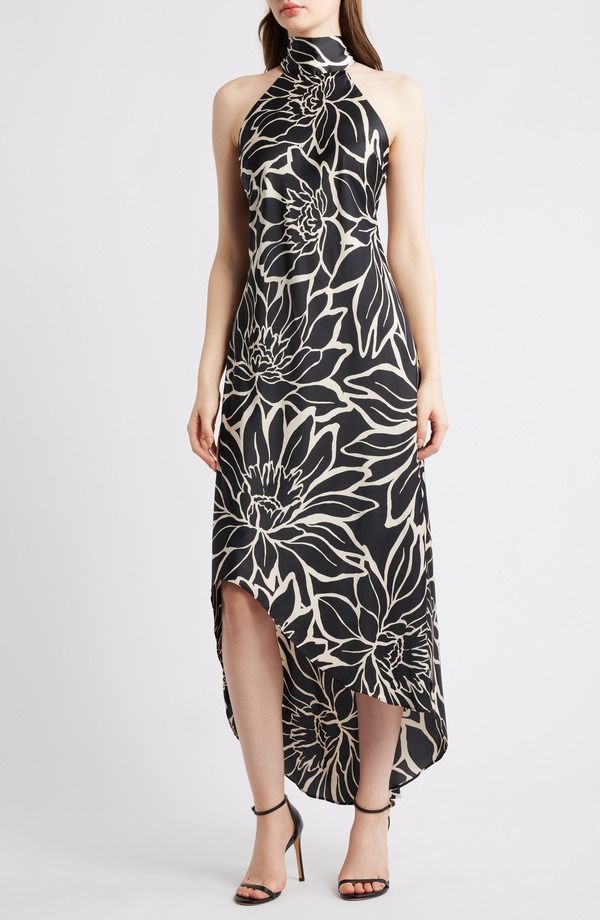 セセ レディース トップス ワンピース モックネック フラワー柄 サテン フラワー CeCe Floral Mock Neck Stretch Satin Dress Rich Black ブラック