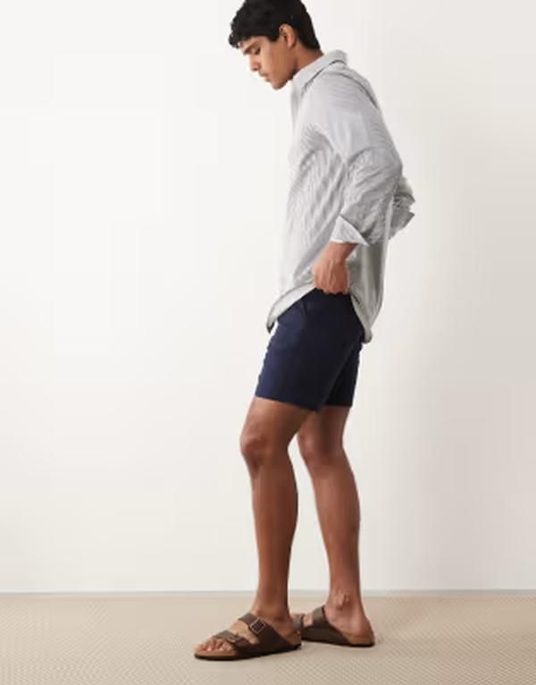 エイソス メンズ ボトムス ハーフパンツ・ショーツ スリムフィット ショートパンツ ASOS DESIGN slim fit chino shorts in mid length NAVY ネイビー