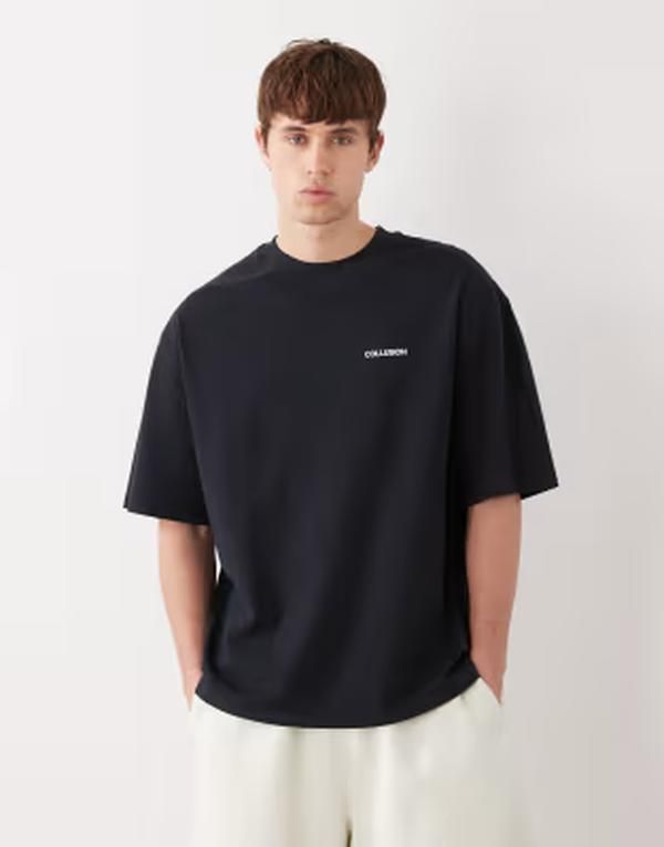コルージョン メンズ トップス Tシャツ ロゴ COLLUSION oversized logo piqu tshirt Black ブラック
