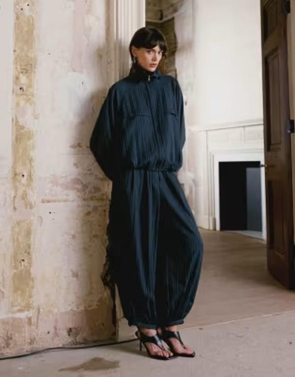 トップショップ レディース ボトムス カジュアルパンツ Topshop modal striped bubble hem pants part of a set NAVY ネイビー