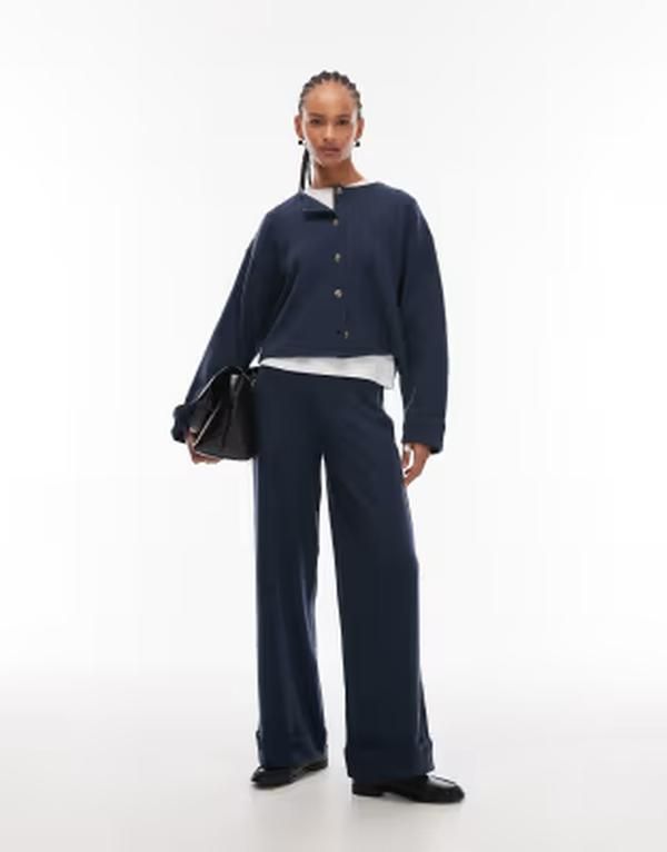 エイソス レディース ボトムス カジュアルパンツ ワイドレッグ ASOS DESIGN Supersoft wide leg pants with turn up hem NAVY ネイビー