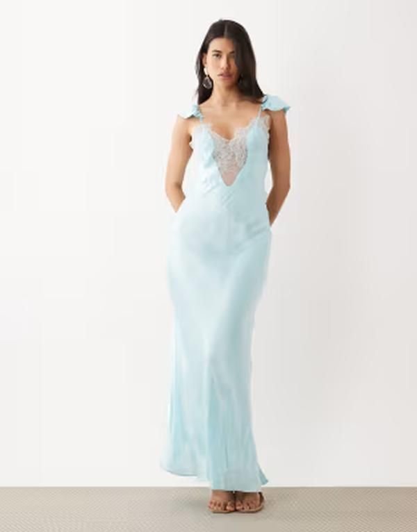 バードット レディース トップス ワンピース サテン レース マキシ Bardot Ivy plunge neck lace detailing satin maxi dress in soft Blue ブルー