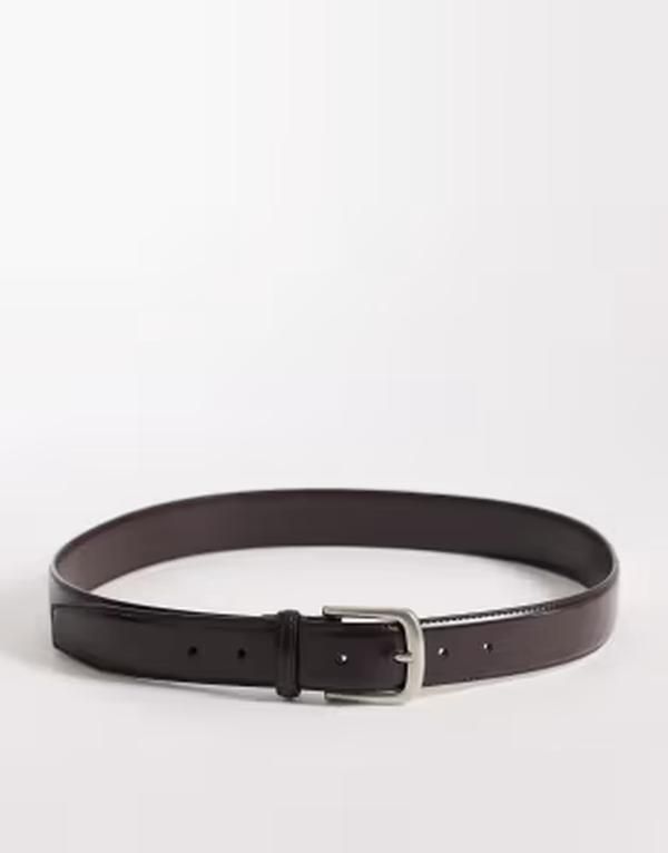 エイソス メンズ アクセサリー ベルト レザー ASOS DESIGN smart leather belt with silver buckle in dark BROWN ブラウン
