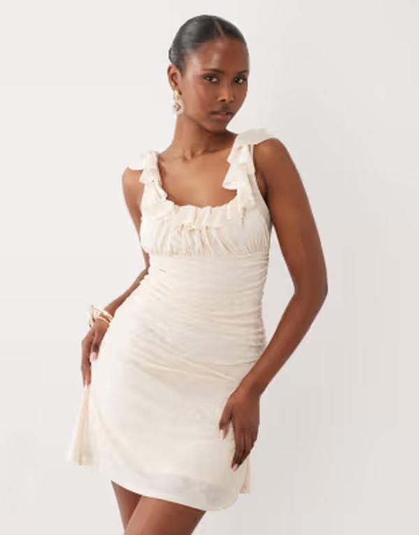エイソス レディース トップス ワンピース ミニ レース ASOS DESIGN square neck devore mini dress with laceup back in cream CHOCOLATE BROWN ブラウン