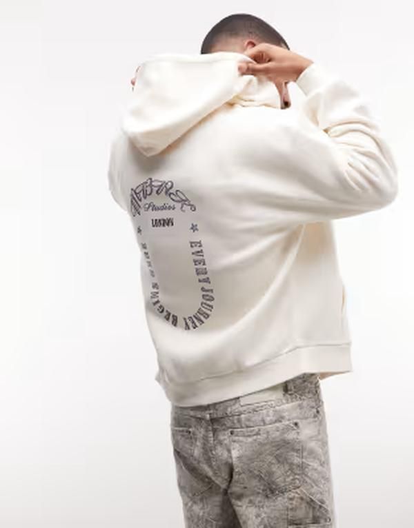 エイソス メンズ アウター パーカー・スウェット グラフィック ASOS DESIGN oversized zip hoodie with graphic in cream Coconut milk クリーム
