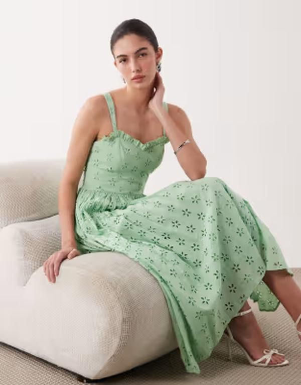 レース アンド ビーズ レディース トップス ワンピース ミディ Lace Beads eyelet corset midi dress in pastel GREEN グリーン