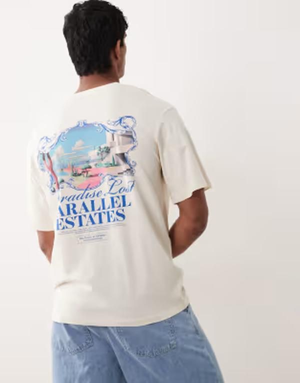 ジャック アンド ジョーンズ メンズ トップス Tシャツ プリント Jack Jones oversized Tshirt with paradise print Antique White ホワイト