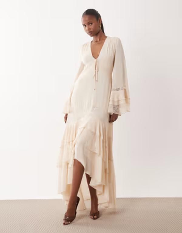 ティエフエヌシー レディース トップス ワンピース Vネック シフォン マキシ TFNC v neck long sleeve frilly chiffon maxi dress in cream クリーム