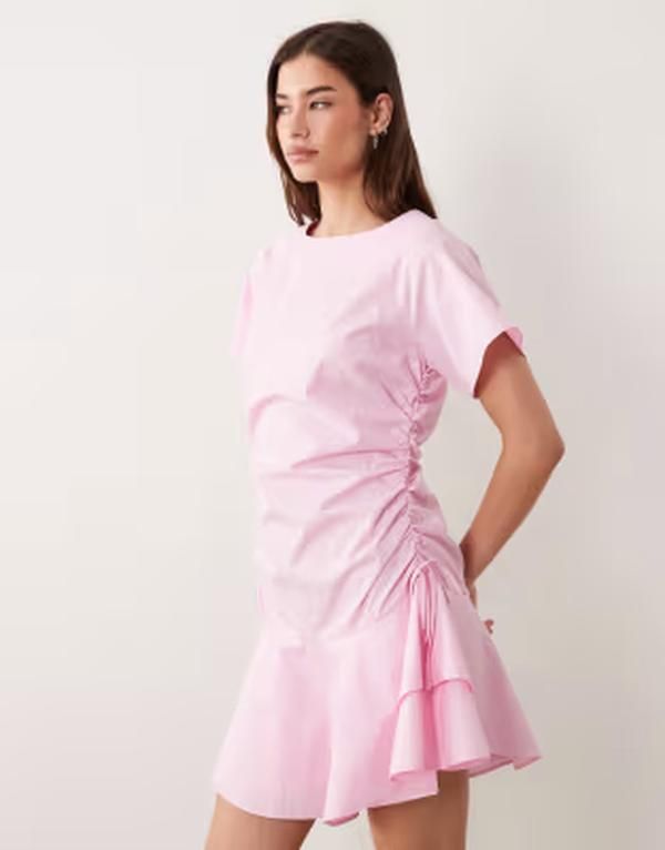 エイソス レディース トップス ワンピース ミニ ASOS DESIGN short sleeve mini dress with ruching tie waist detail pink ピンク