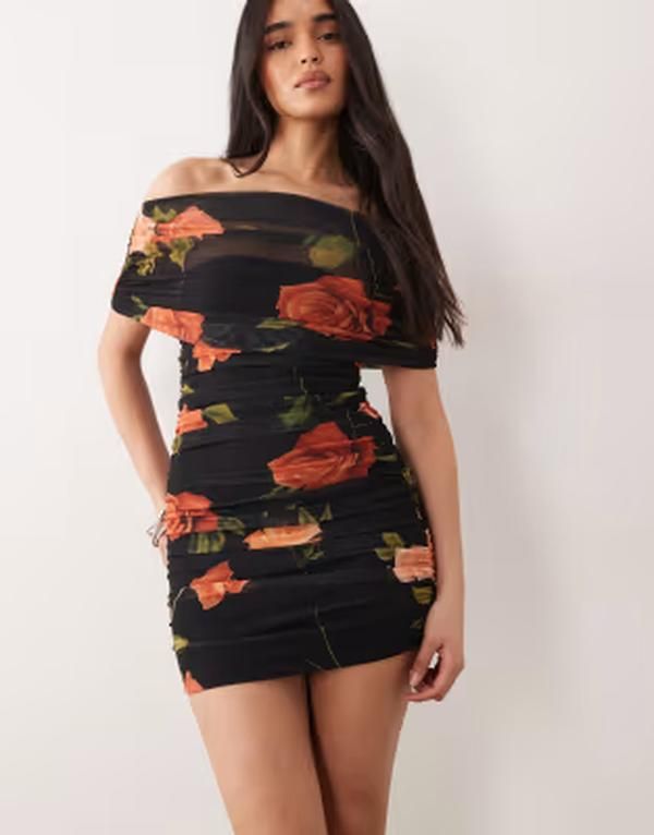 エイソス レディース トップス ワンピース ドレープリント ミニ メッシュ ASOS DESIGN draped shoulder mesh mini dress with ruching in print