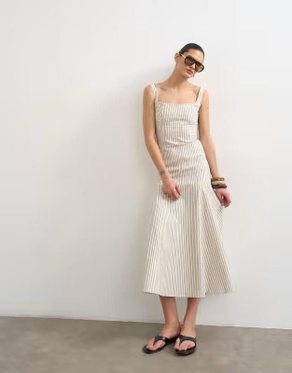 トップショップ レディース トップス ワンピース ミディ Topshop dropped waist woven stripe midi dress in mono Multi マルチカラー