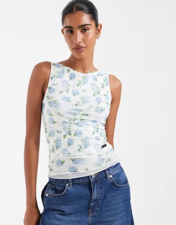 ハウスオブサニー レディース トップス シャツ プリント メッシュ House of Sunny double layer mesh top hydrangea print BLUE ブルー