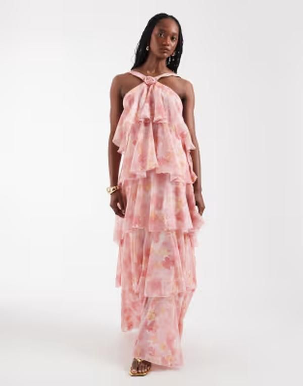 ベロモーダ レディース トップス ワンピース ティアード フラワー柄 プリント マキシ フラワー ホルター Vero Moda Tall Felicia halterneck tiered maxi dress with corsage detail wate