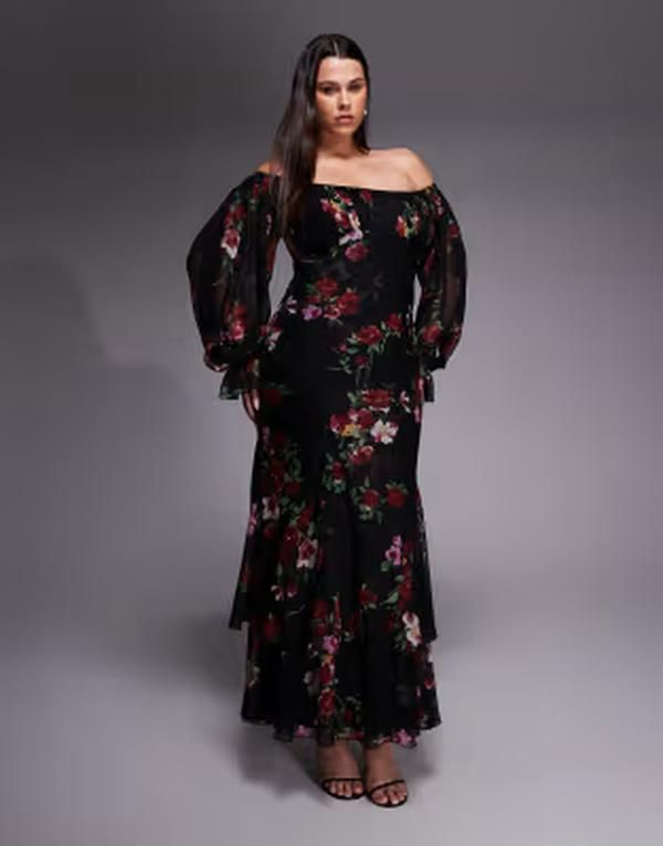 エイソス レディース トップス ワンピース ティアード フラワー柄 プリント フリル マキシ フラワー ASOS Curve ASOS DESIGN Curve bardot ruffle maxi dress with tiered godets and b