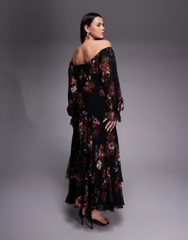 エイソス レディース トップス ワンピース ティアード フラワー柄 プリント フリル マキシ フラワー ASOS Curve ASOS DESIGN Curve bardot ruffle maxi dress with tiered godets and b エイソス レディース トップス ワンピース ティアード フラワー柄 プリント フリル マキシ フラワー ASOS Curve ASOS DESIGN Curve bardot ruffle maxi dress with tiered godets and b
