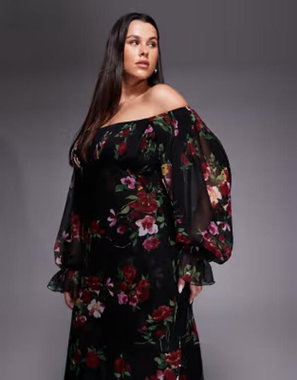 エイソス レディース トップス ワンピース ティアード フラワー柄 プリント フリル マキシ フラワー ASOS Curve ASOS DESIGN Curve bardot ruffle maxi dress with tiered godets and b エイソス レディース トップス ワンピース ティアード フラワー柄 プリント フリル マキシ フラワー ASOS Curve ASOS DESIGN Curve bardot ruffle maxi dress with tiered godets and b
