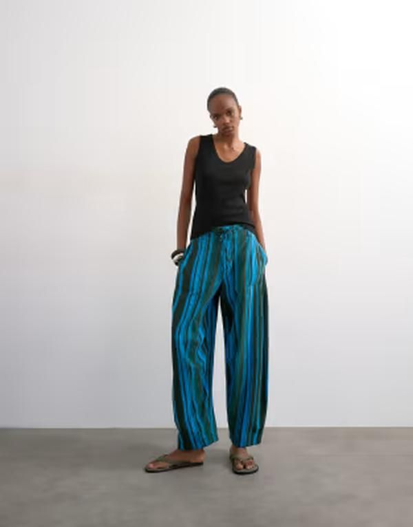 トップショップ レディース ボトムス カジュアルパンツ リネン Topshop linen mix striped clean tie waist barreleg pants BLUE ブルー