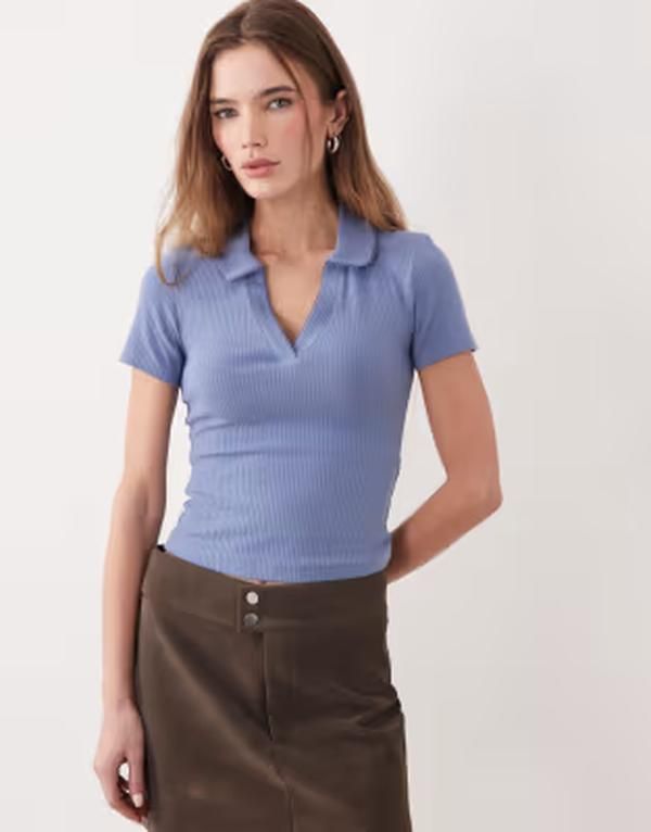 ミスセルフフリッジ レディース トップス シャツ リブニット Misselfridge fitted rib knit polo top with picot stitching in dusky Blue ブルー