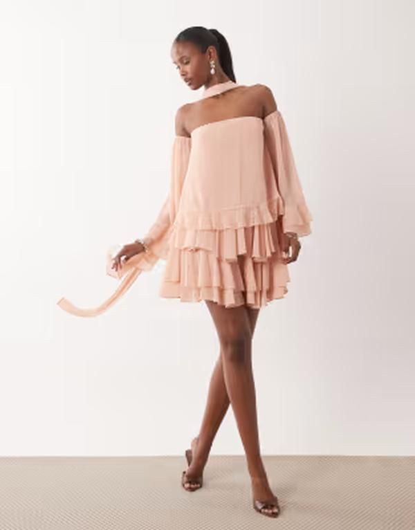ティエフエヌシー レディース トップス ワンピース シフォン ミニ レース TFNC bardot chiffon lace mini dress with scarf in pale Coral pink ピンク