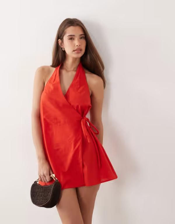 エイソス レディース トップス ワンピース ミニ コットン リネン ホルター ASOS DESIGN cottonlinen blend halter neck wrap mini sundress Red レッド