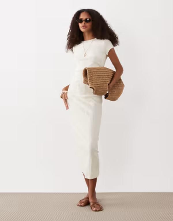 エイソス レディース トップス ワンピース ギャザー リブ ミディ キャップ ASOS DESIGN ribbed cap sleeve ruched midi dress in cream クリーム