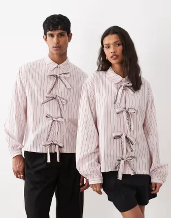 シスタージュン レディース トップス シャツ コットン Sister Jane Henrik Unisex cotton bow detail shirt stripe PINK ピンク