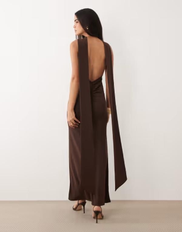 エイソス レディース トップス ワンピース マキシ ASOS DESIGN scarf detail maxi dress with plunge back in chocolate BROWN ブラウン