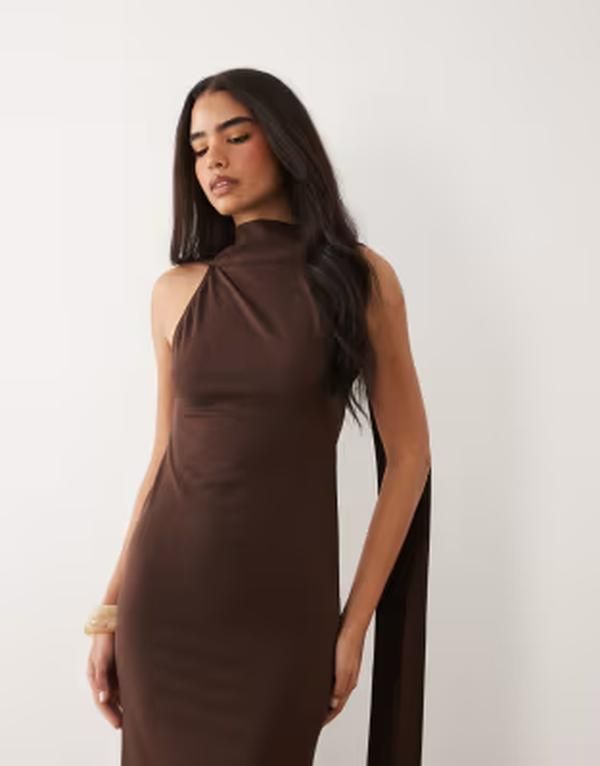 エイソス レディース トップス ワンピース マキシ ASOS DESIGN scarf detail maxi dress with plunge back in chocolate BROWN ブラウン