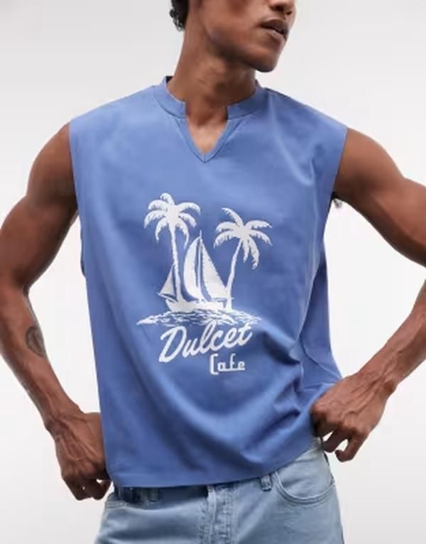 エイソス メンズ トップス ベスト グラフィック ASOS DESIGN heavyweight boxy oversized tank with sailboat graphic wash Marseille blue ブルー